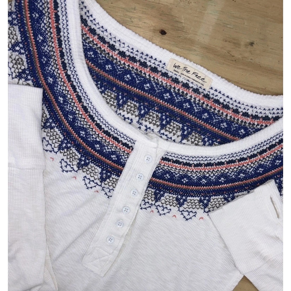 Free People We The Free Fair Isle Embroidered Thermal Henley Small‎ White